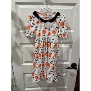 New Abby & Evie Girls Halloween Pumpkin Bat Dress Ruffle Trim Black Bow Size 7